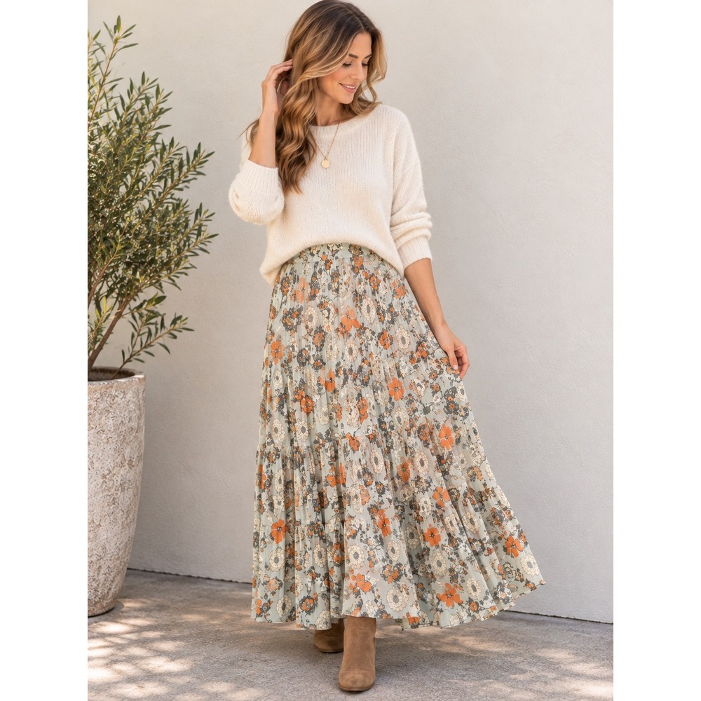 Ines de la Fressange x Uniqlo Floral Pleated Maxi Skirt Size S Cottagecore
